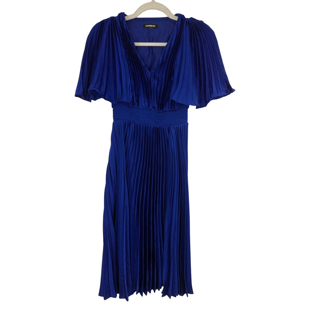 Express Pleated Midi Dress Womens Small Royal Blue Excellent Smocked V-Neck Cape